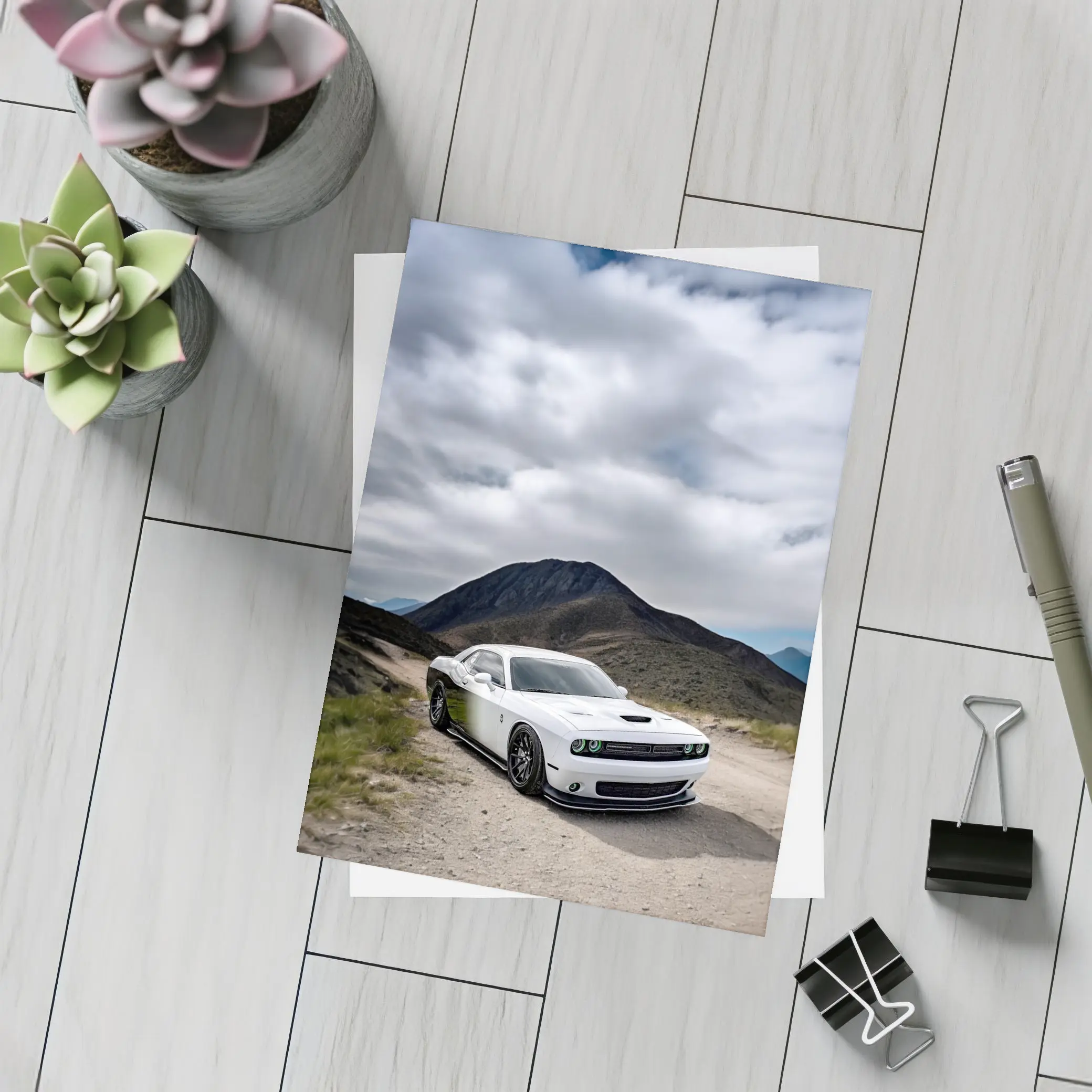 Dodge Challenger White Muscle Car Mountain Road – Postcards