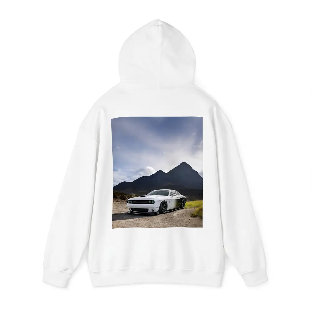 Dodge Challenger White Muscle Car Mountain Backdrop – Hoodies