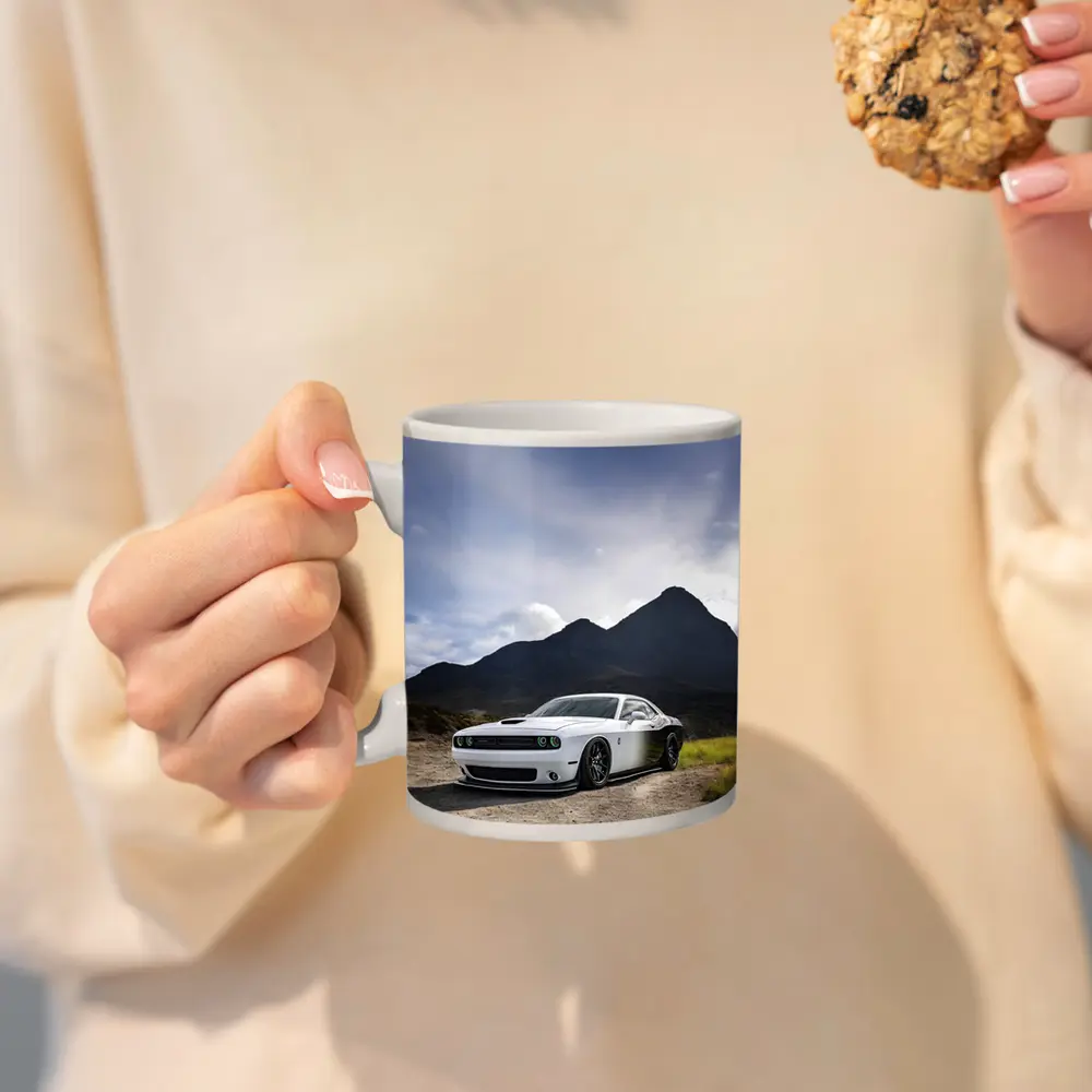 Dodge Challenger White Muscle Car Mountain Backdrop – Mugs