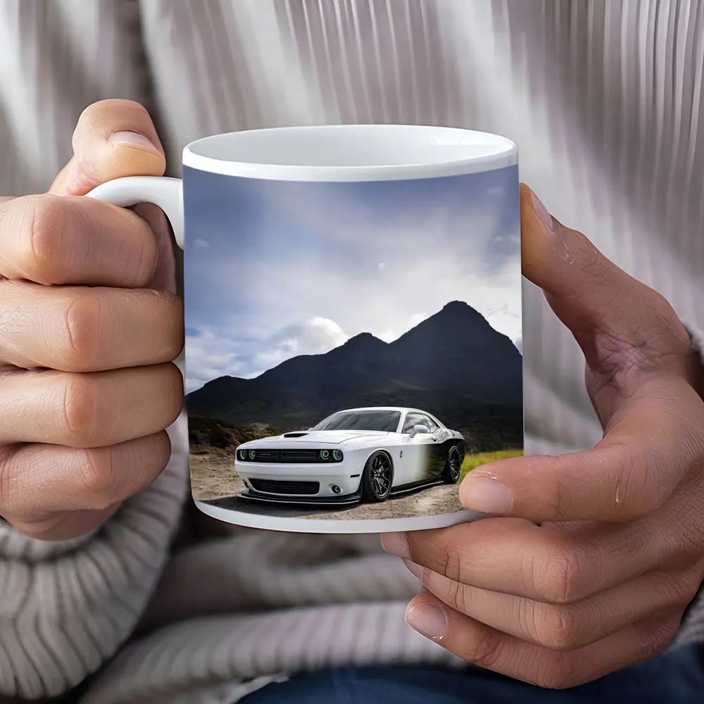 Dodge Challenger White Muscle Car Mountain Backdrop – Mugs
