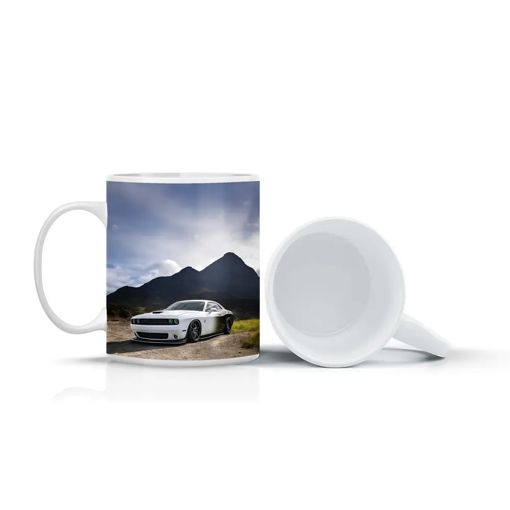 Dodge Challenger White Muscle Car Mountain Backdrop – Mugs
