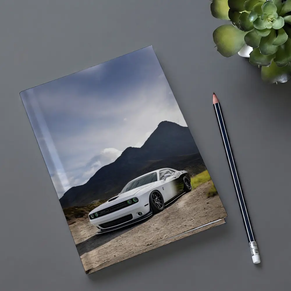Dodge Challenger White Muscle Car Mountain Backdrop – Notebooks