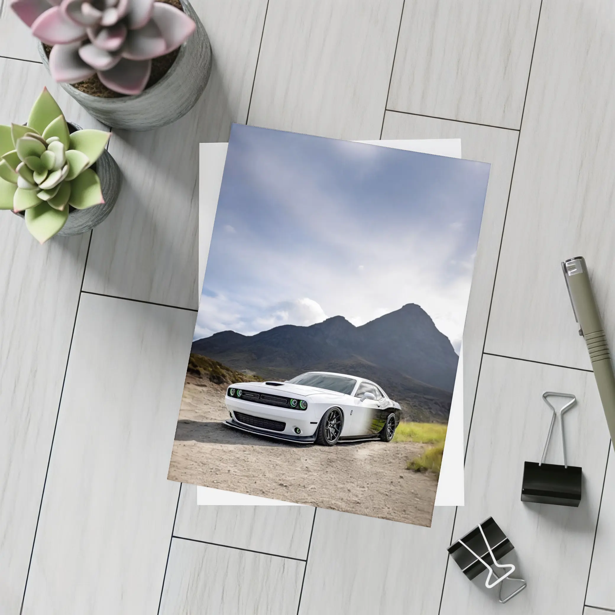 Dodge Challenger White Muscle Car Mountain Backdrop – Postcards