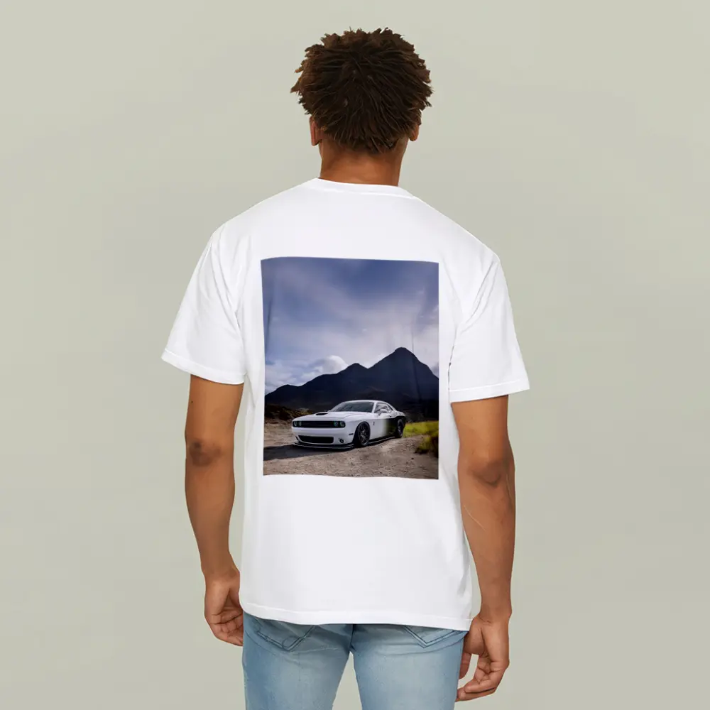 Dodge Challenger White Muscle Car Mountain Backdrop – T-Shirts