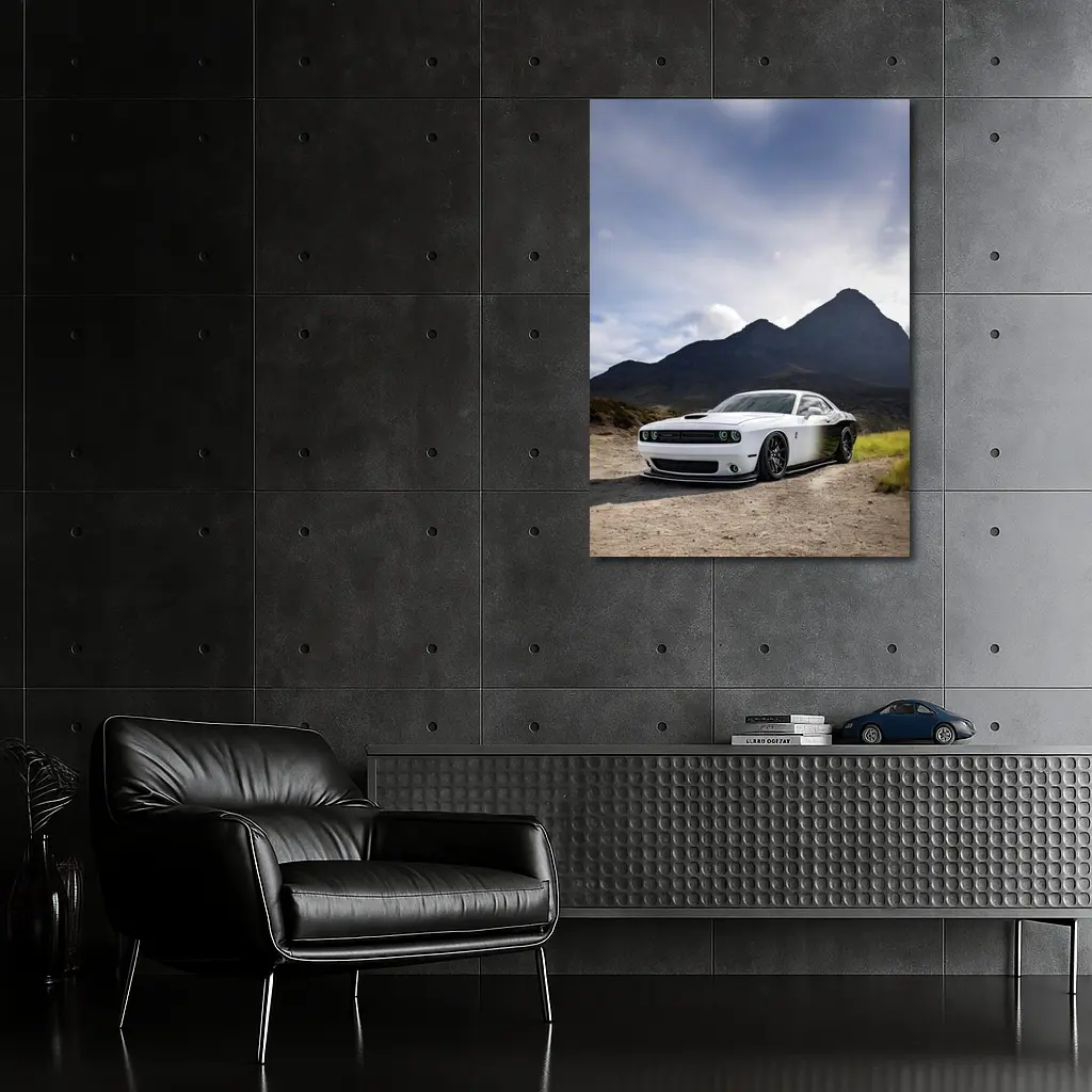 Dodge Challenger White Muscle Car Mountain Backdrop – Wall Art