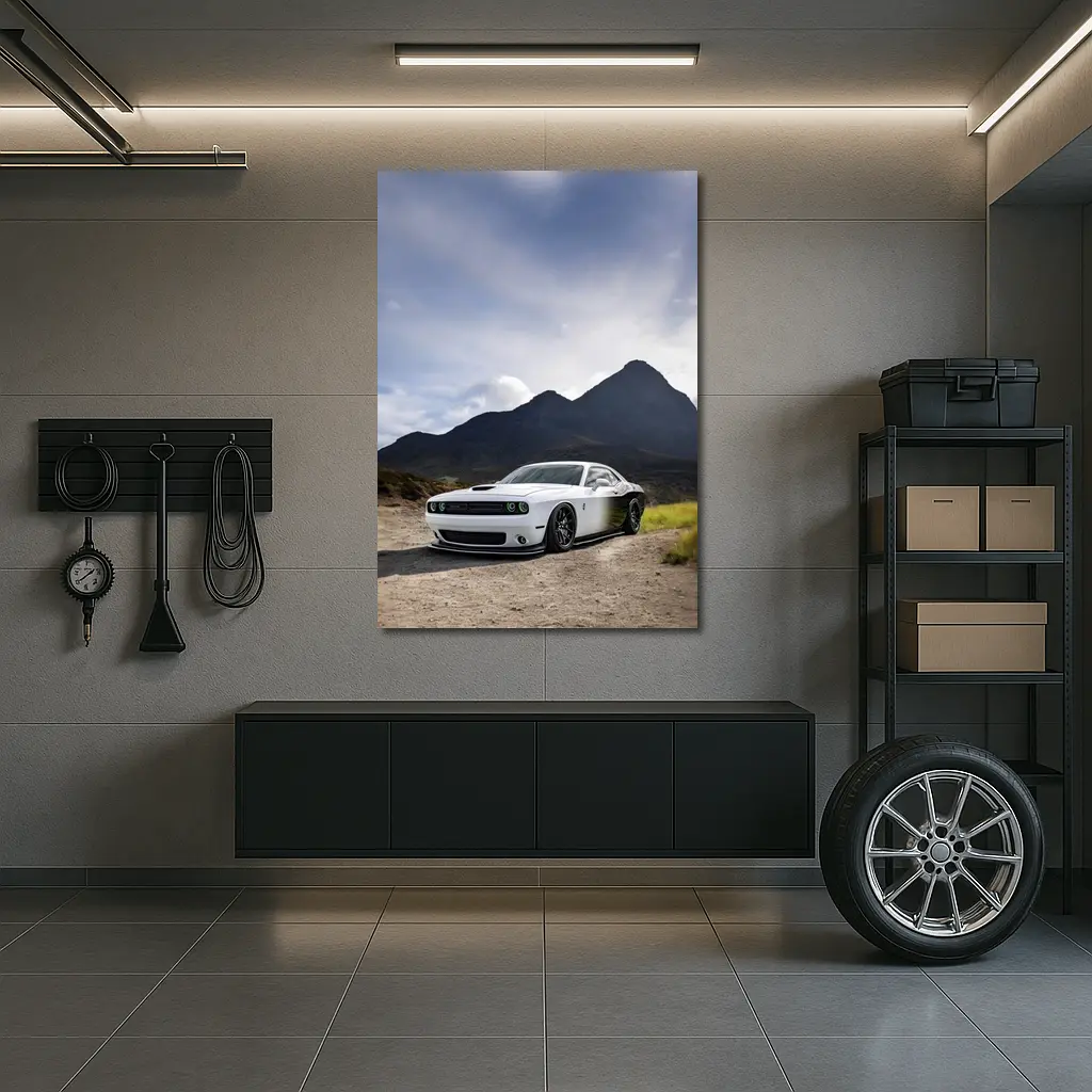 Dodge Challenger White Muscle Car Mountain Backdrop – Wall Art