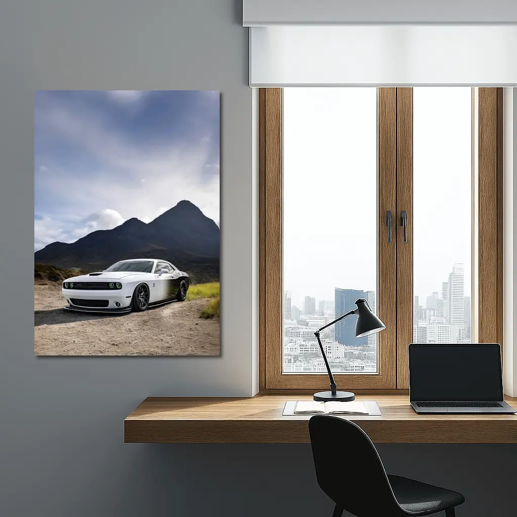 Dodge Challenger White Muscle Car Mountain Backdrop – Wall Art