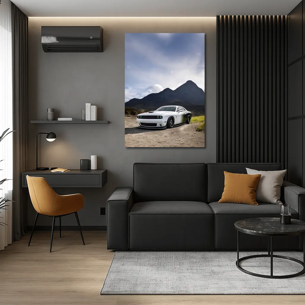 Dodge Challenger White Muscle Car Mountain Backdrop – Wall Art