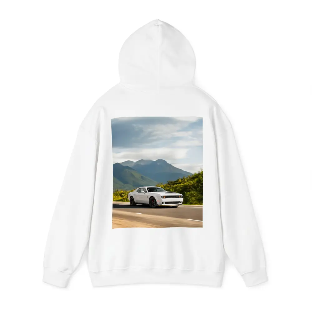 Dodge Challenger White Muscle Car Mountain Road – Hoodies
