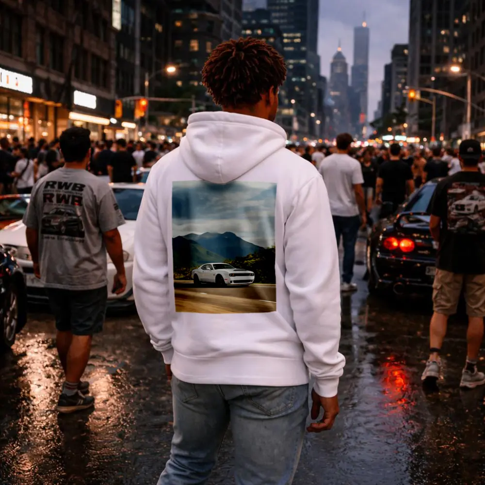 Dodge Challenger White Muscle Car Mountain Road – Hoodies
