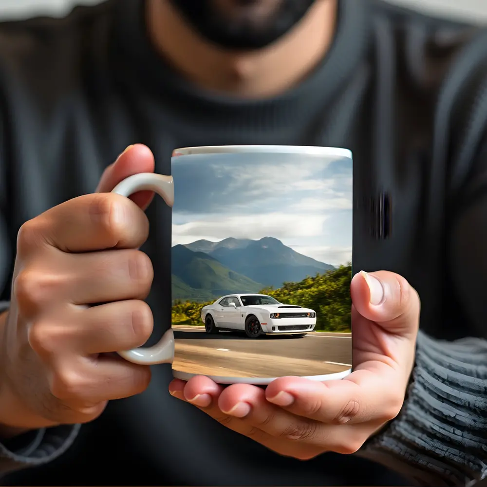 Dodge Challenger White Muscle Car Mountain Road – Mugs