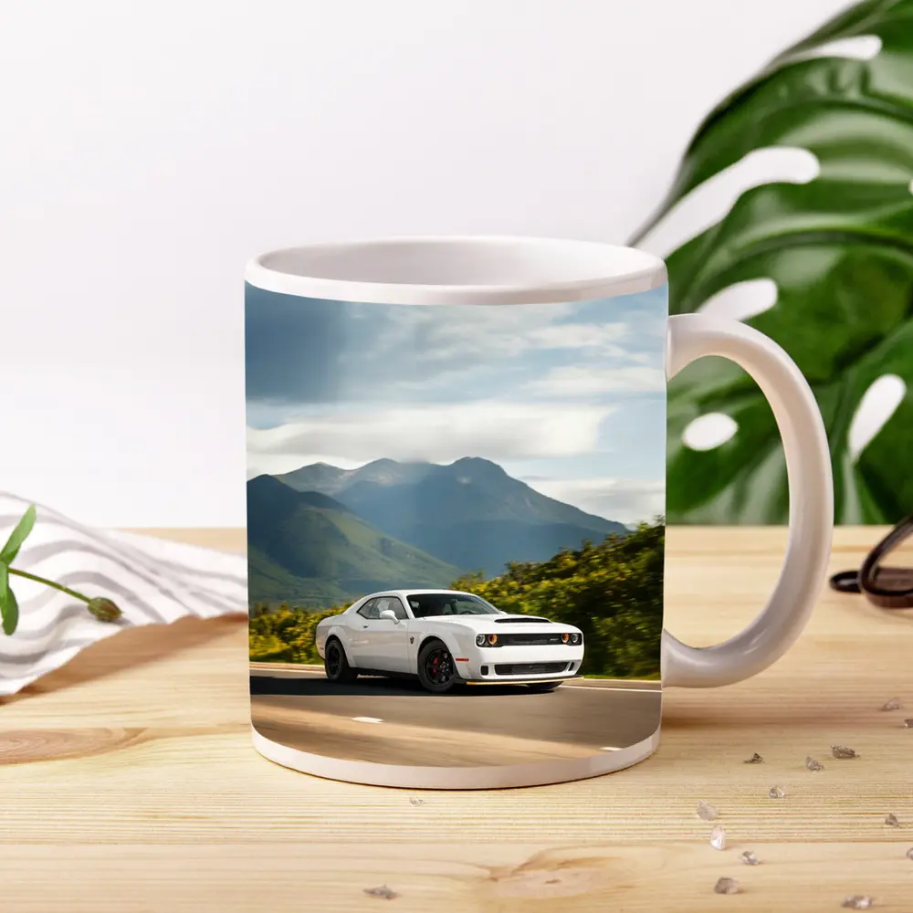 Dodge Challenger White Muscle Car Mountain Road – Mugs