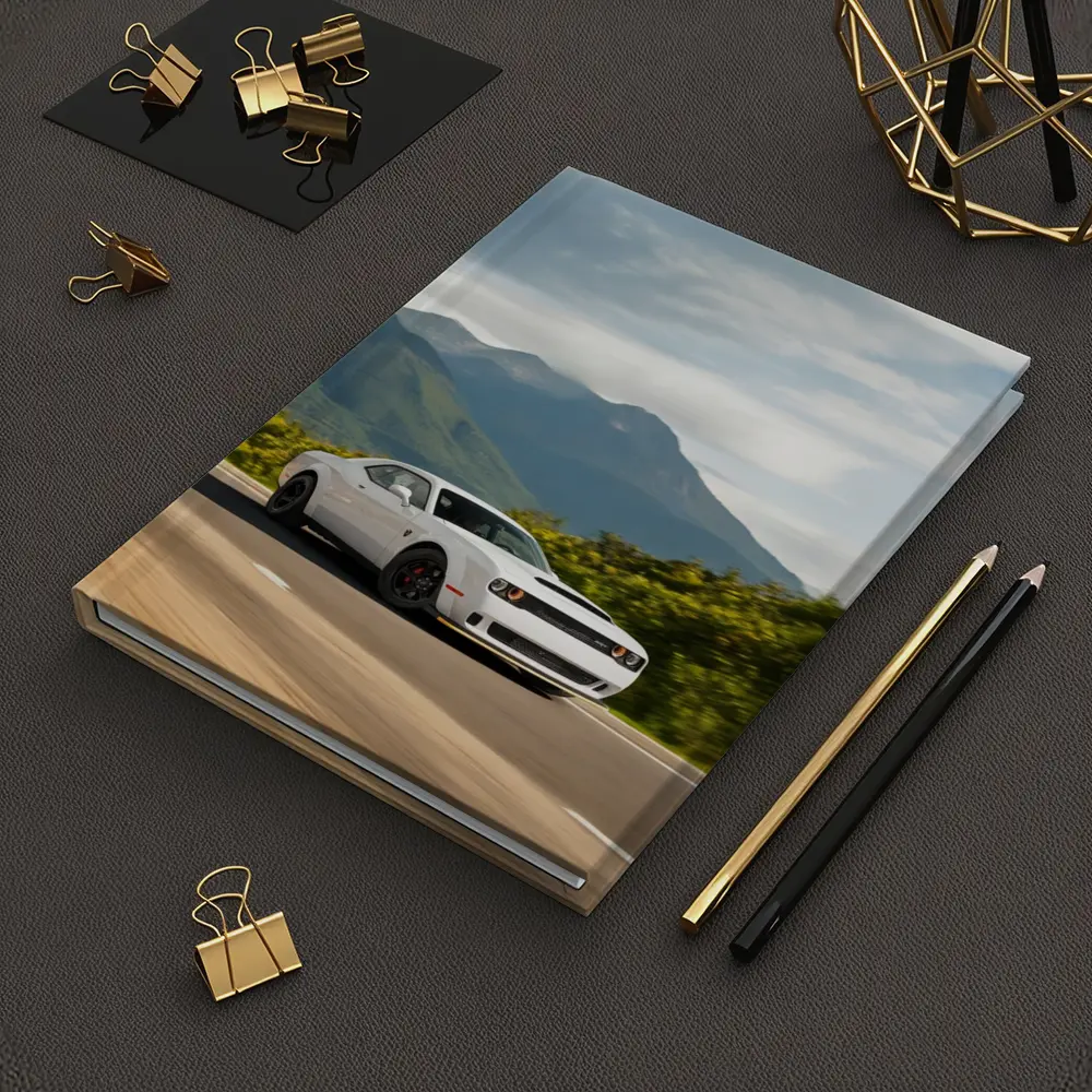 Dodge Challenger White Muscle Car Mountain Road – Notebooks