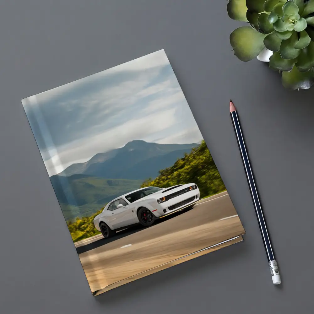 Dodge Challenger White Muscle Car Mountain Road – Notebooks