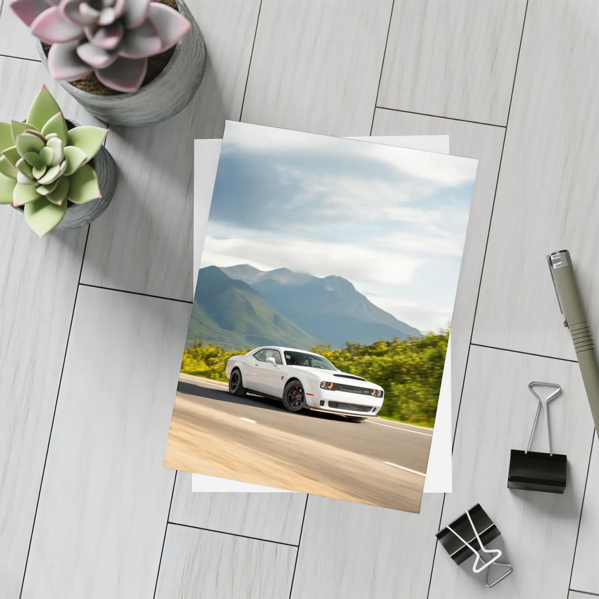 Dodge Challenger White Muscle Car Mountain Road – Postcards