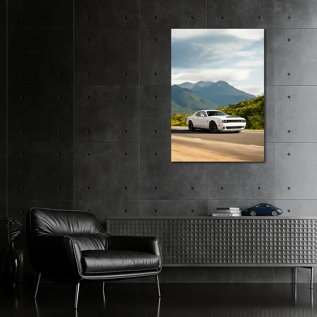 Dodge Challenger White Muscle Car Mountain Road – Wall Art