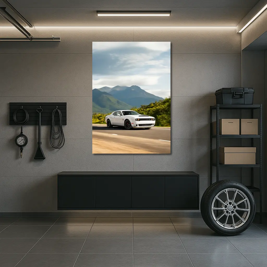 Dodge Challenger White Muscle Car Mountain Road – Wall Art