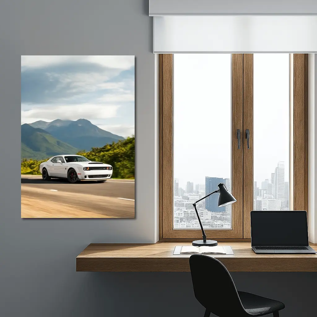 Dodge Challenger White Muscle Car Mountain Road – Wall Art