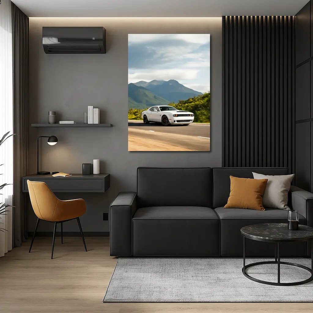 Dodge Challenger White Muscle Car Mountain Road – Wall Art