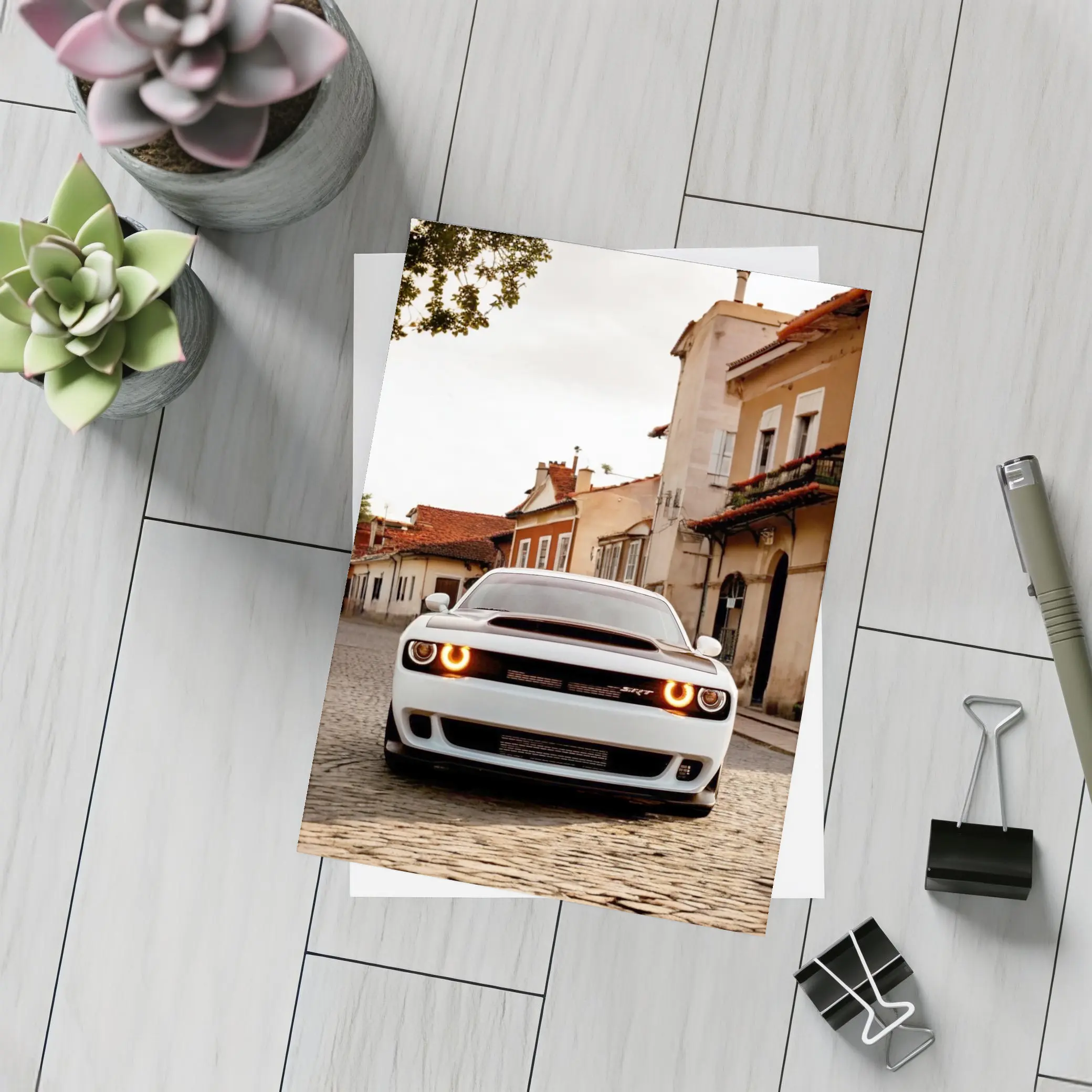 Dodge Challenger SRT White Cobblestone Street – Postcards