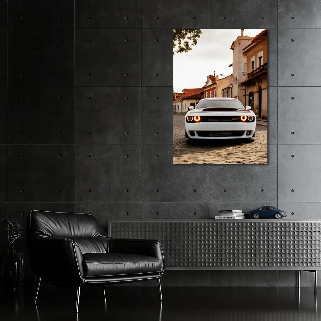 Dodge Challenger SRT White Cobblestone Street – Wall Art