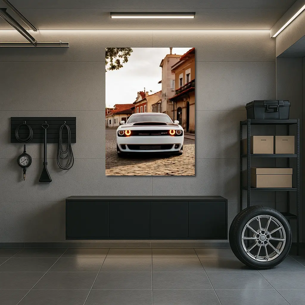 Dodge Challenger SRT White Cobblestone Street – Wall Art
