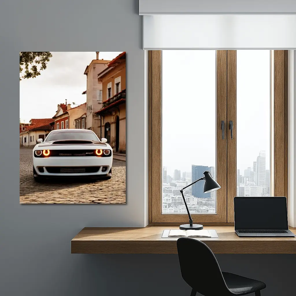 Dodge Challenger SRT White Cobblestone Street – Wall Art