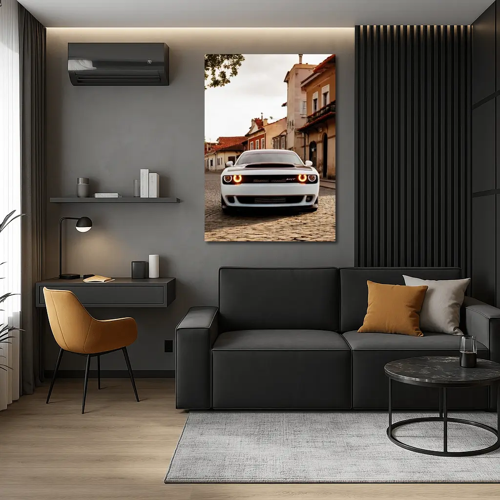 Dodge Challenger SRT White Cobblestone Street – Wall Art