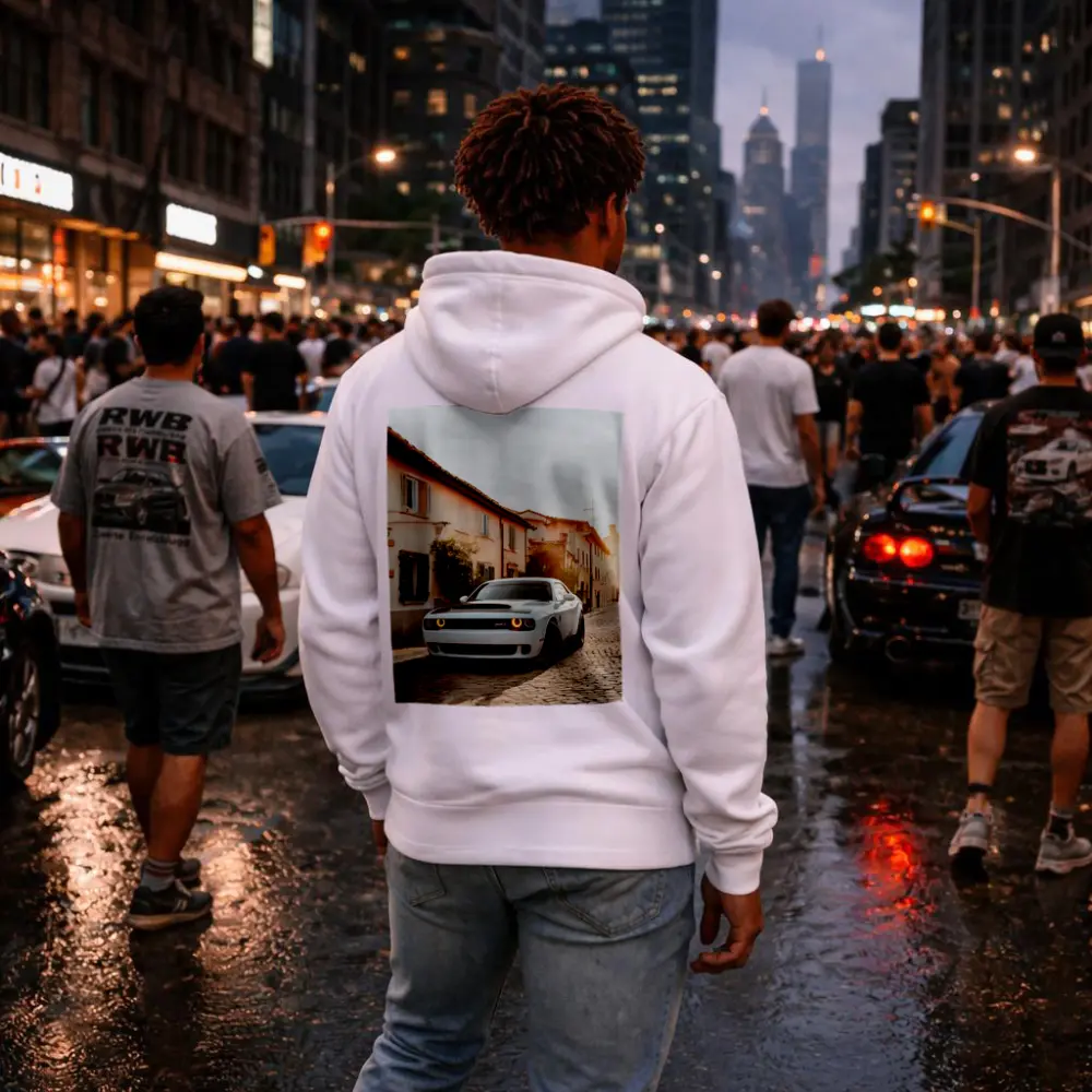 Dodge Challenger SRT White Cobblestone Street – Hoodies