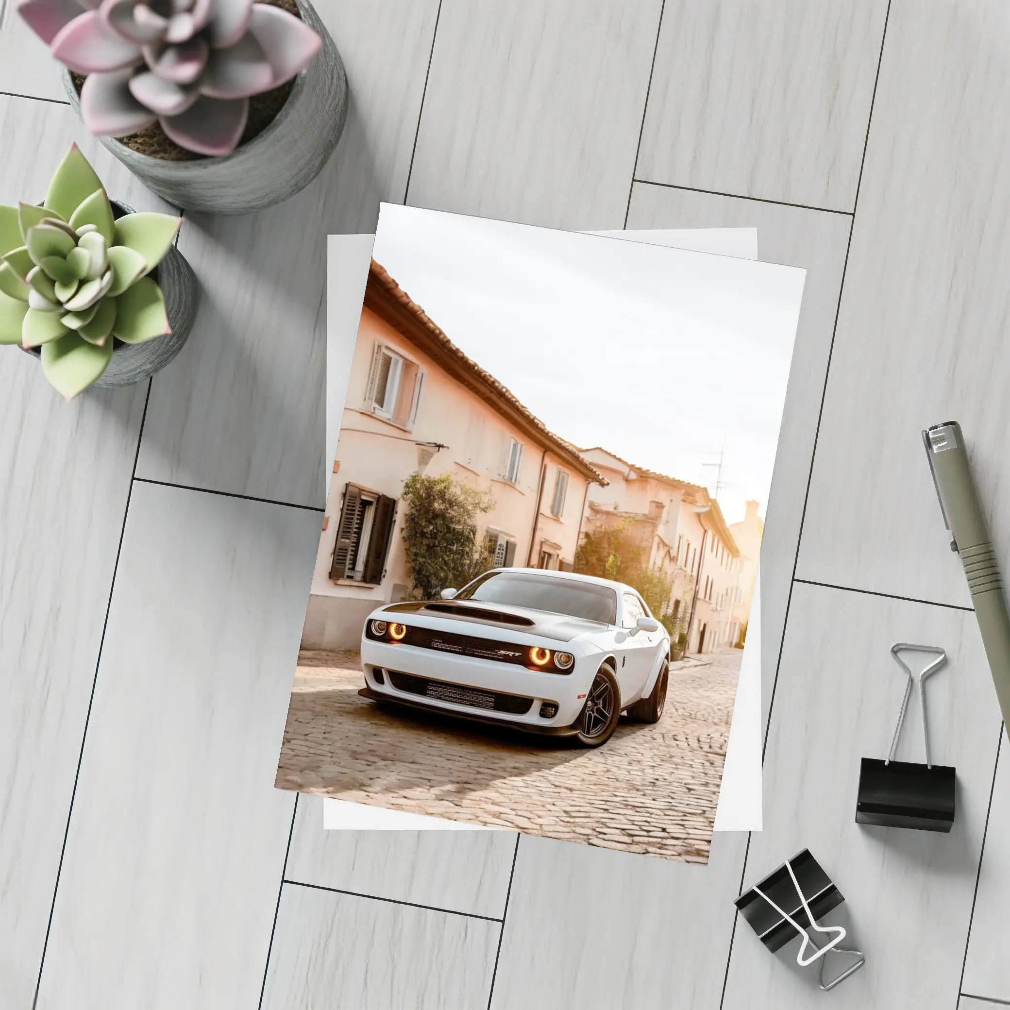 Dodge Challenger SRT White Cobblestone Street – Postcards