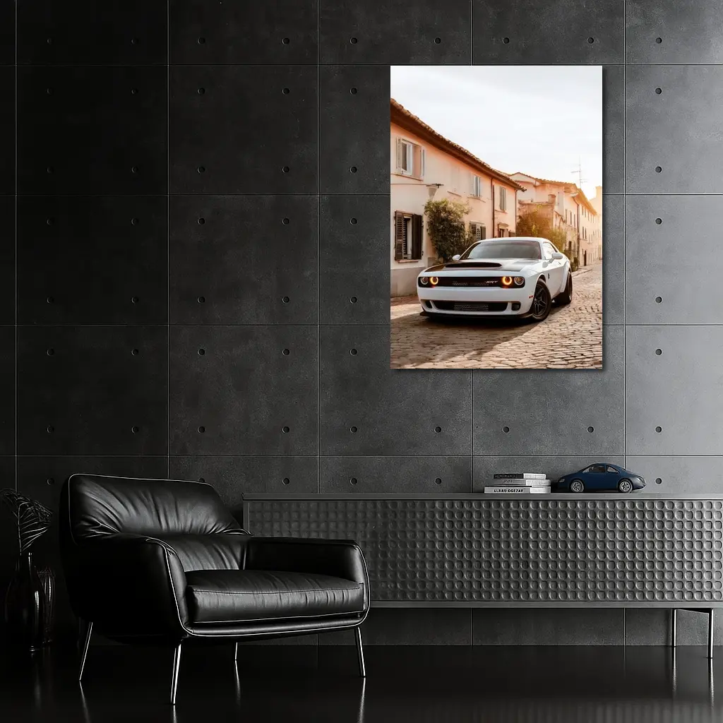 Dodge Challenger SRT White Cobblestone Street – Wall Art