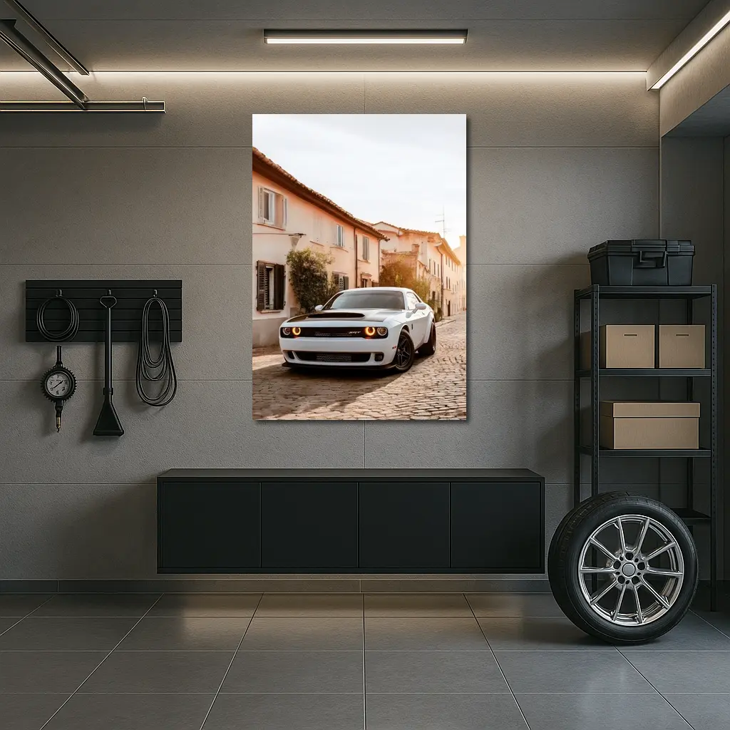 Dodge Challenger SRT White Cobblestone Street – Wall Art
