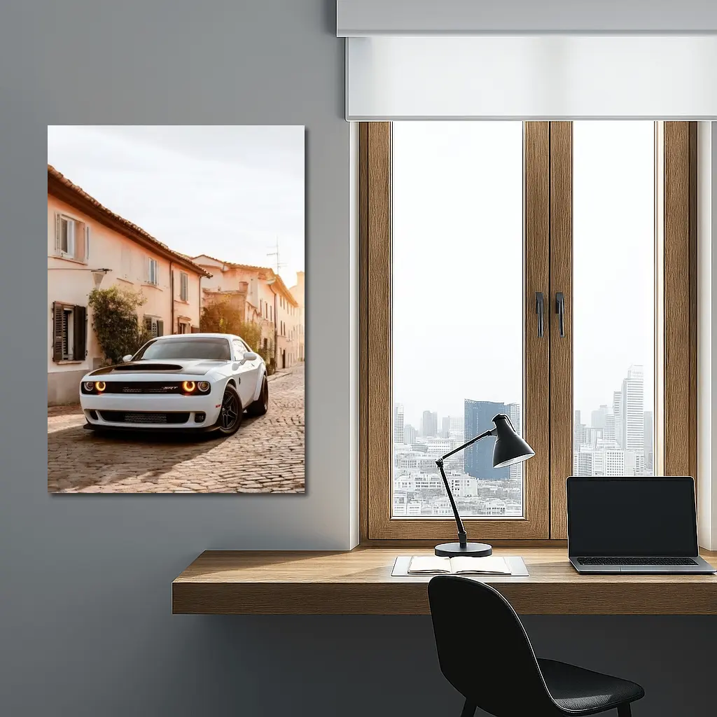 Dodge Challenger SRT White Cobblestone Street – Wall Art
