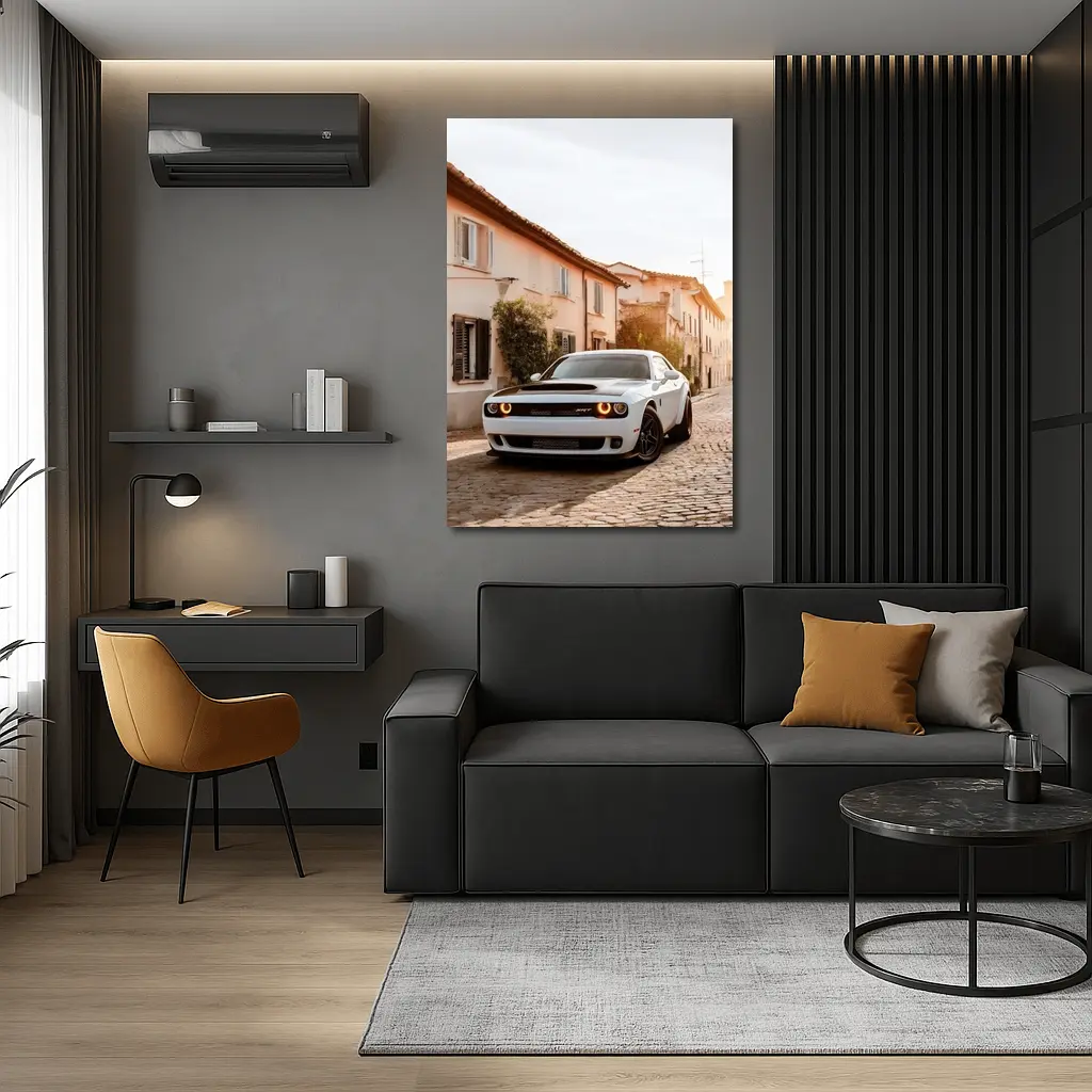 Dodge Challenger SRT White Cobblestone Street – Wall Art