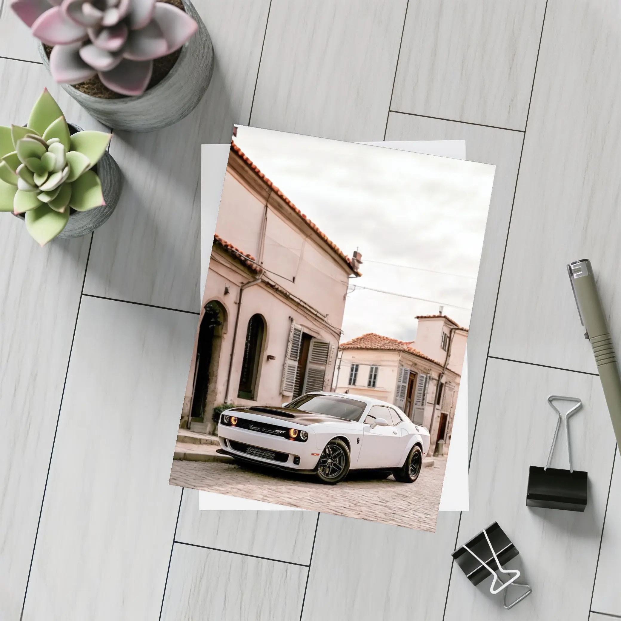 Dodge Challenger SRT White Old Town Street – Postcards