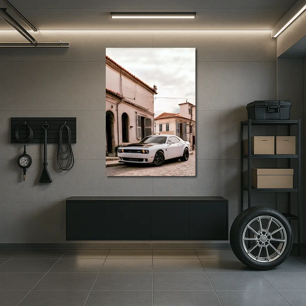 Dodge Challenger SRT White Old Town Street – Wall Art