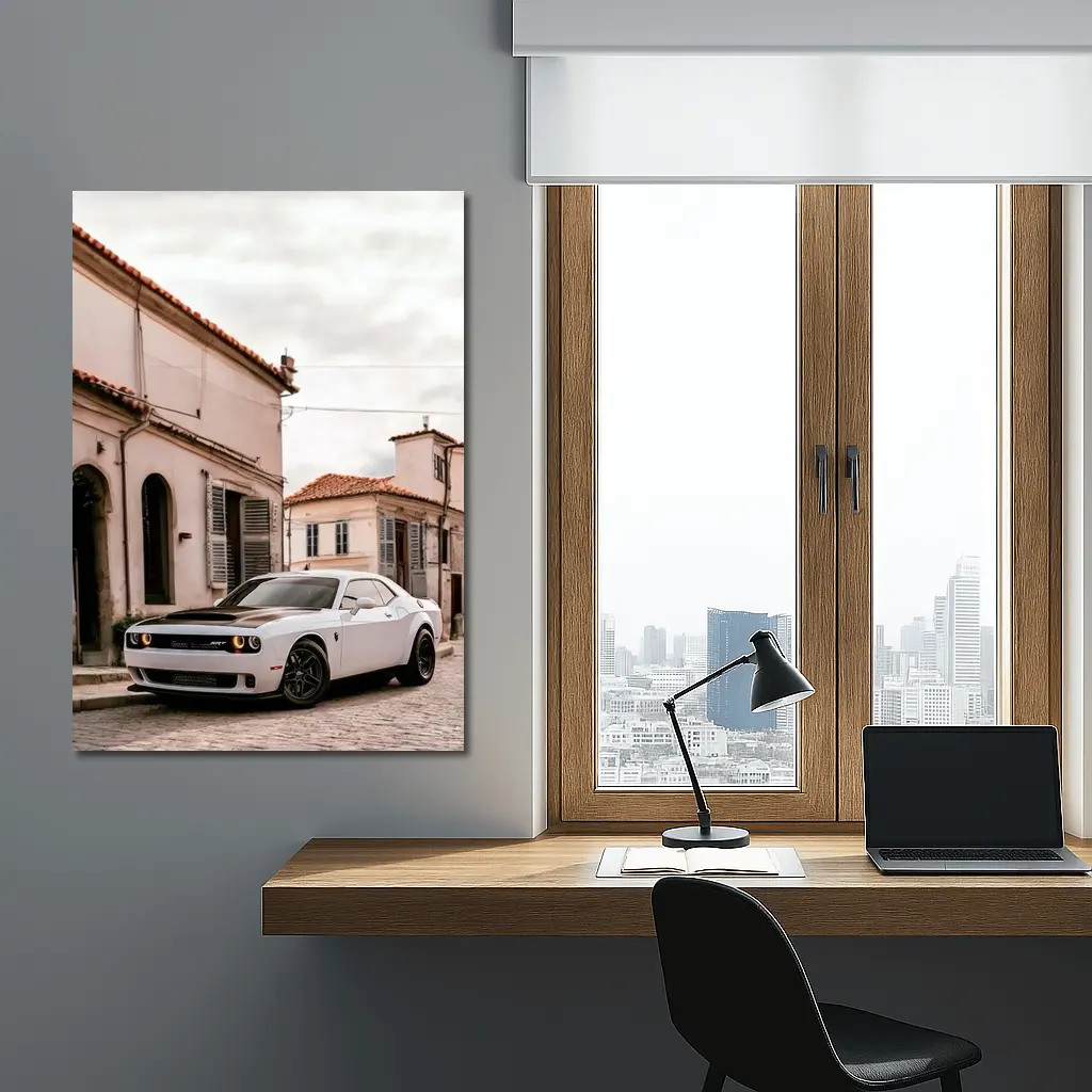 Dodge Challenger SRT White Old Town Street – Wall Art