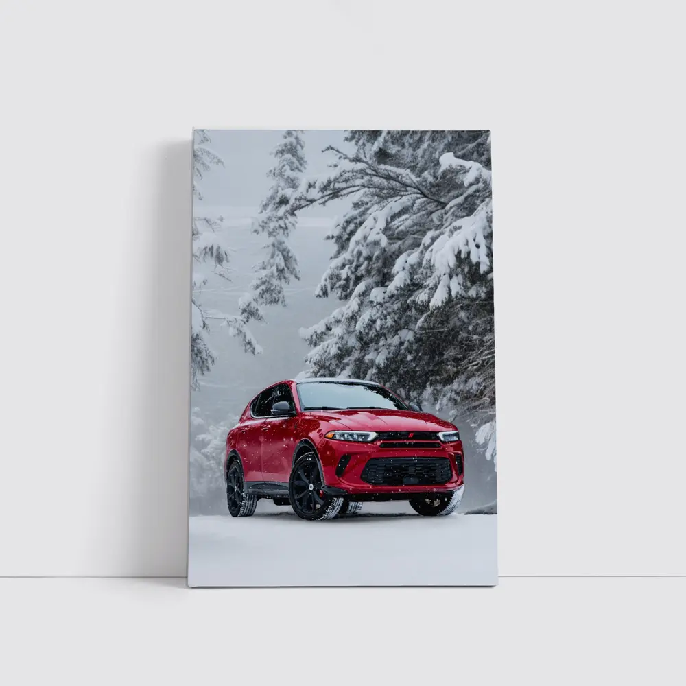 Dodge Hornet Red SUV Snowy Winter Forest – Wall Art