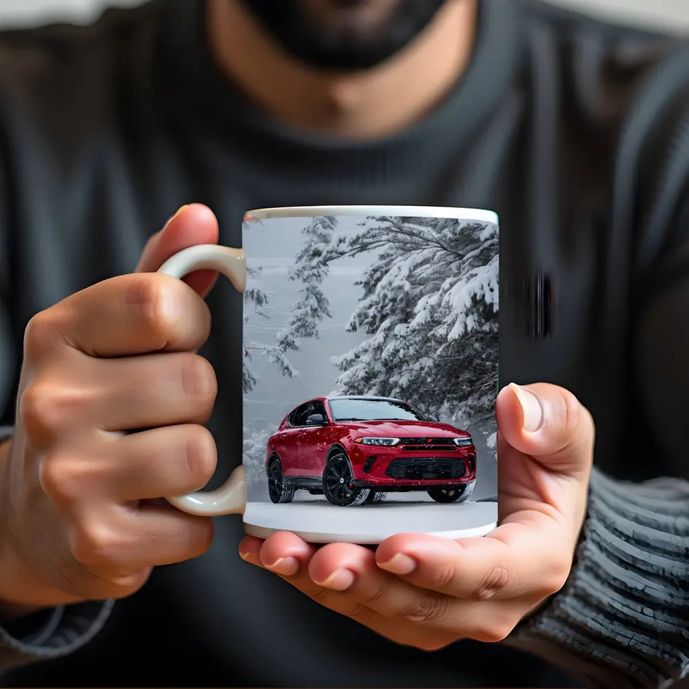 Dodge Hornet Red SUV Snowy Winter Forest – Mugs