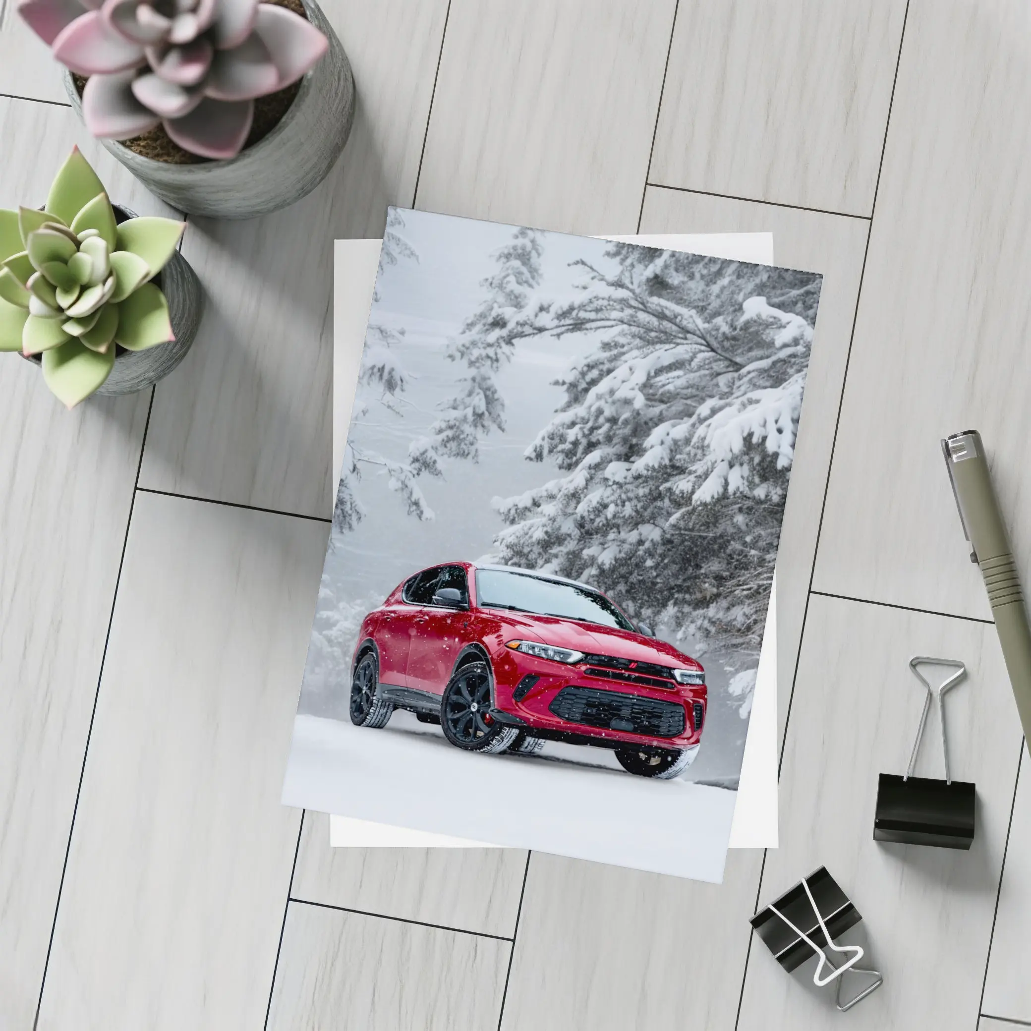 Dodge Hornet Red SUV Snowy Winter Forest – Postcards