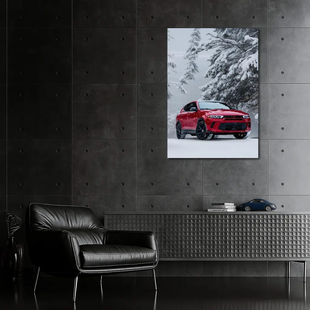 Dodge Hornet Red SUV Snowy Winter Forest – Wall Art