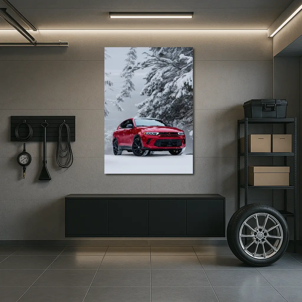 Dodge Hornet Red SUV Snowy Winter Forest – Wall Art