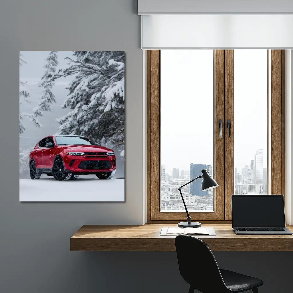 Dodge Hornet Red SUV Snowy Winter Forest – Wall Art