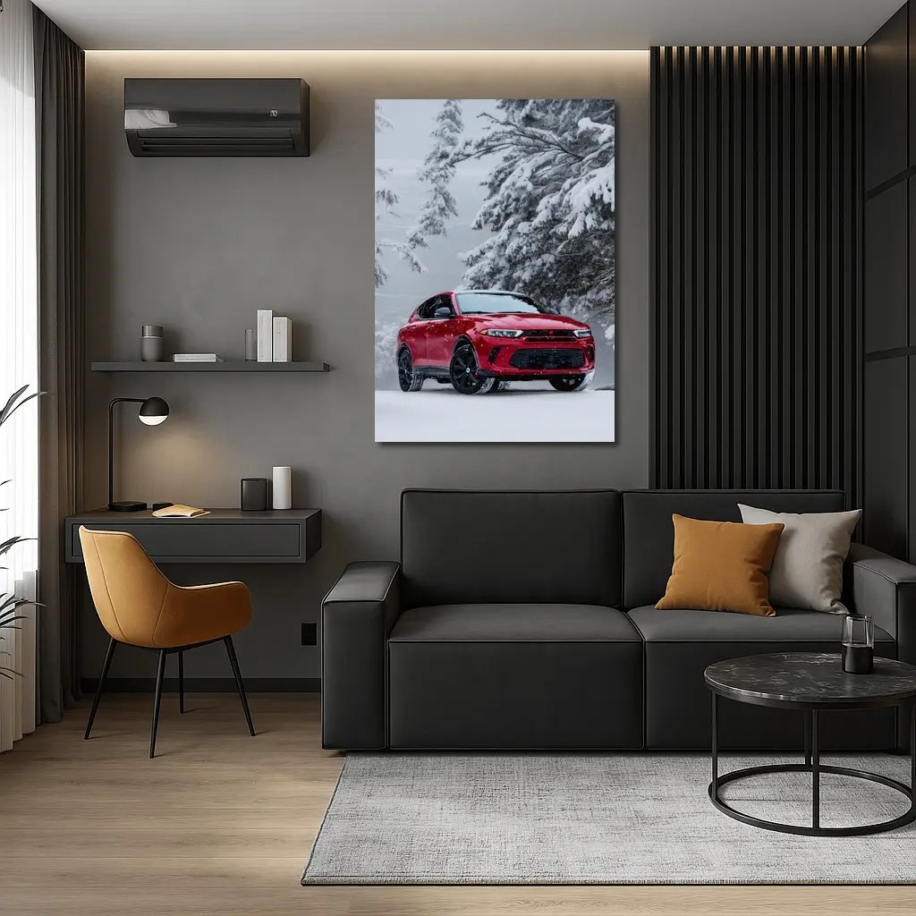 Dodge Hornet Red SUV Snowy Winter Forest – Wall Art
