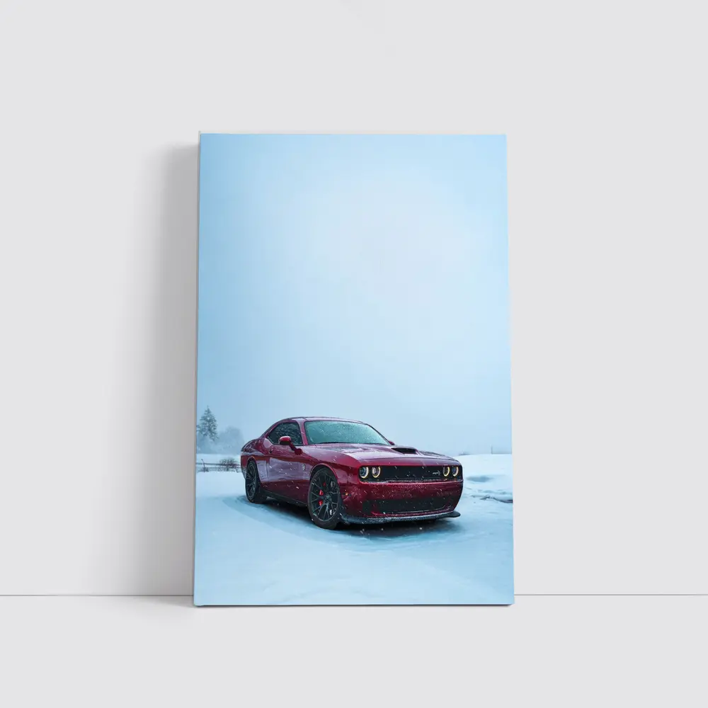Dodge Challenger Red Muscle Car Snowy Winter – Wall Art