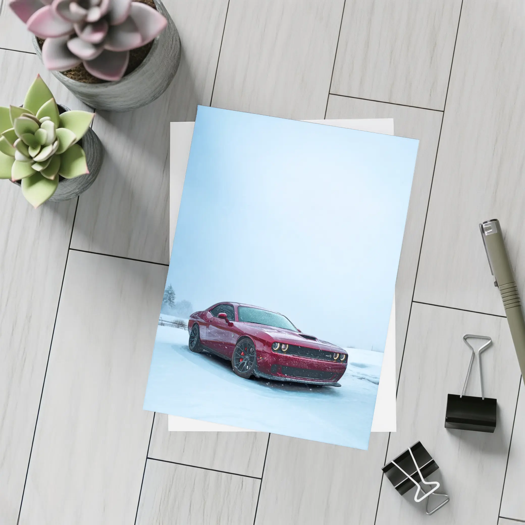Dodge Challenger Red Muscle Car Snowy Winter – Postcards