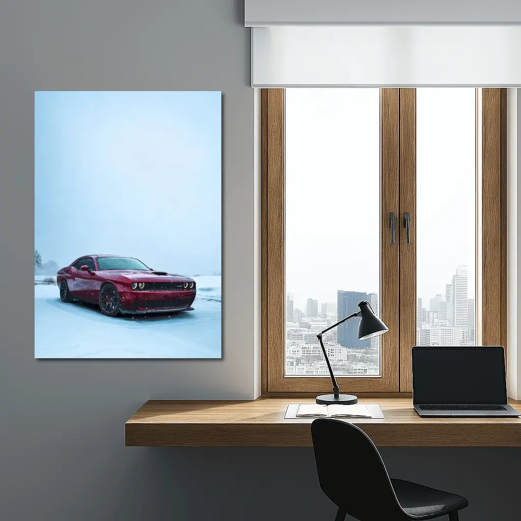 Dodge Challenger Red Muscle Car Snowy Winter – Wall Art