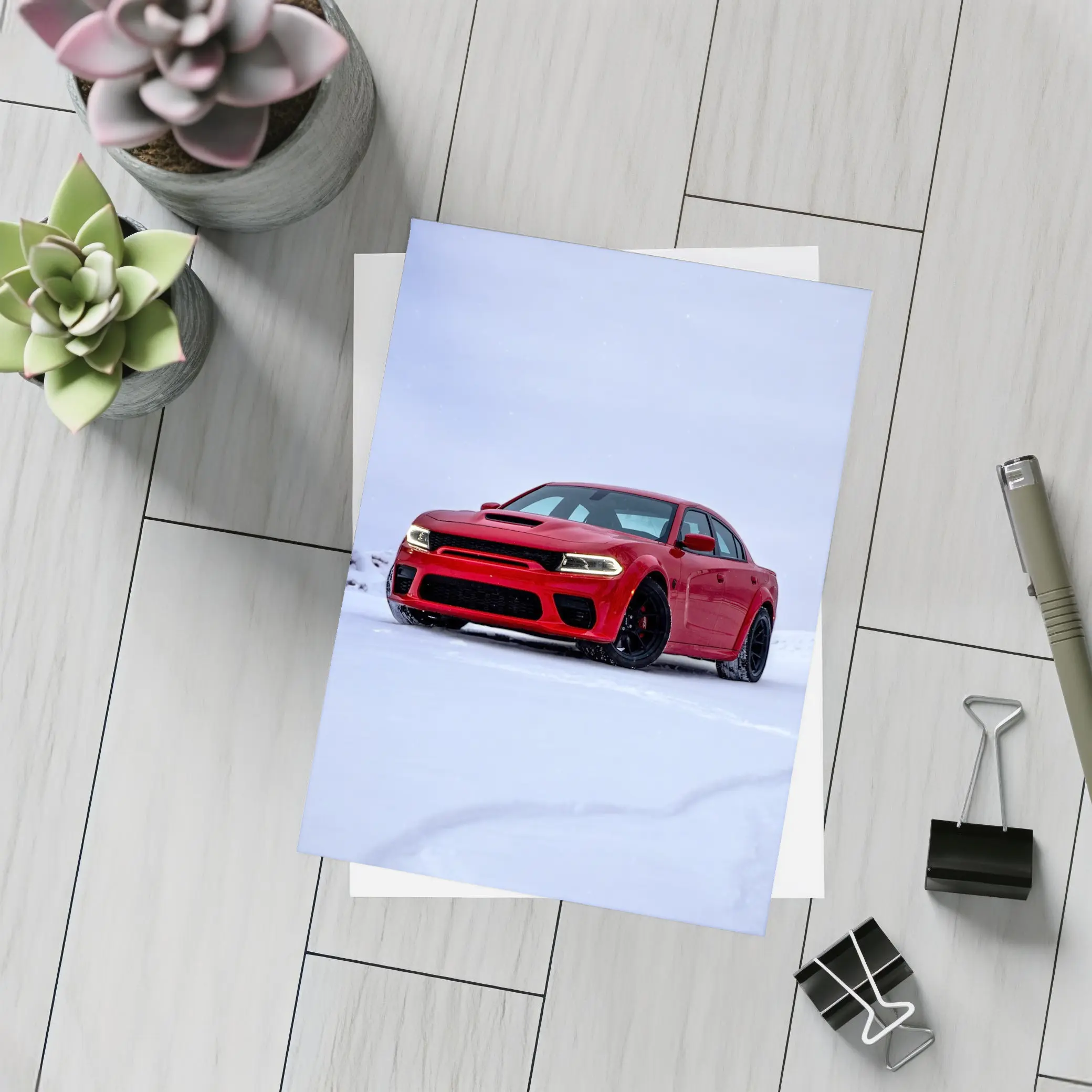 Dodge Charger Red Muscle Car Snow Scene – Postcards
