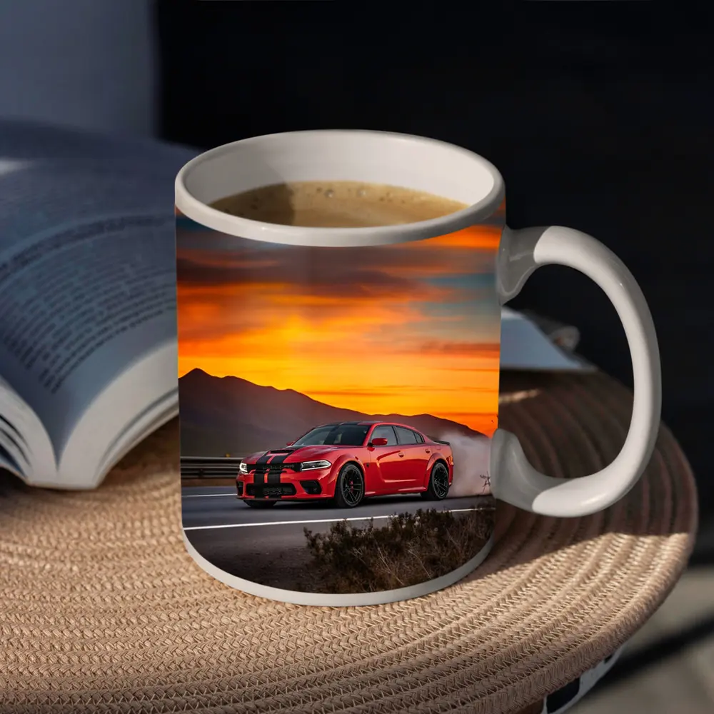Dodge Charger Red Muscle Car Sunset Road – Mugs