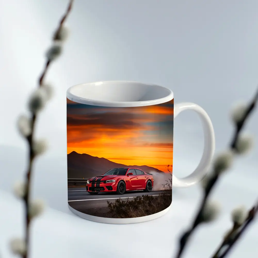 Dodge Charger Red Muscle Car Sunset Road – Mugs